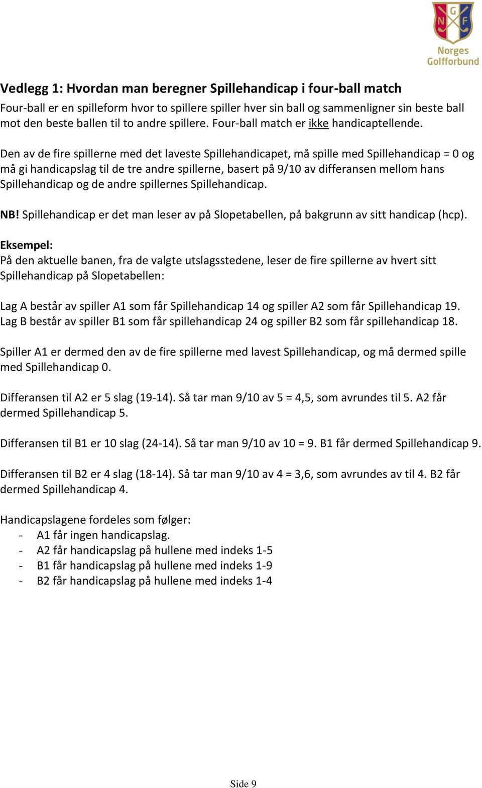 Den av de fire spillerne med det laveste Spillehandicapet, må spille med Spillehandicap = 0 og må gi handicapslag til de tre andre spillerne, basert på 9/10 av differansen mellom hans Spillehandicap