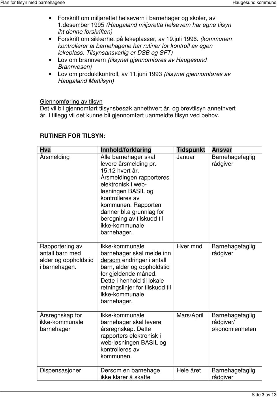 Tilsynsansvarlig er DSB og SFT) Lov om brannvern (tilsynet gjennomføres av Haugesund Brannvesen) Lov om produktkontroll, av 11.