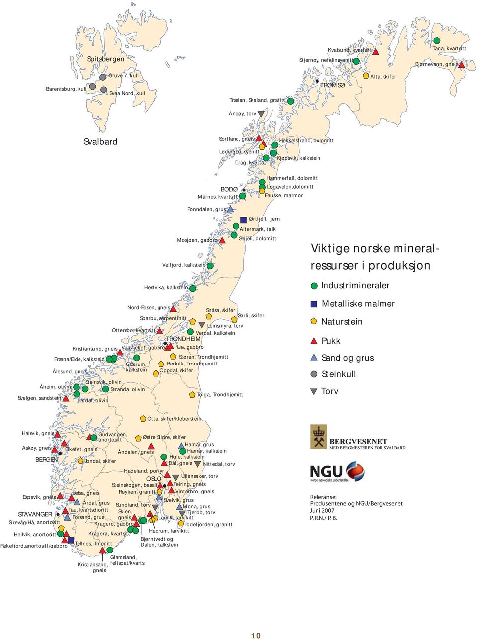 Mosjøen, gabbro Velfjord, kalkstein Hestvika, kalkstein Ørtfjell, jern Altermark, talk Seljeli, dolomitt Viktige norske mineralressurser i produksjon Industrimineraler Fræna/Eide, kalkstein Ålesund,