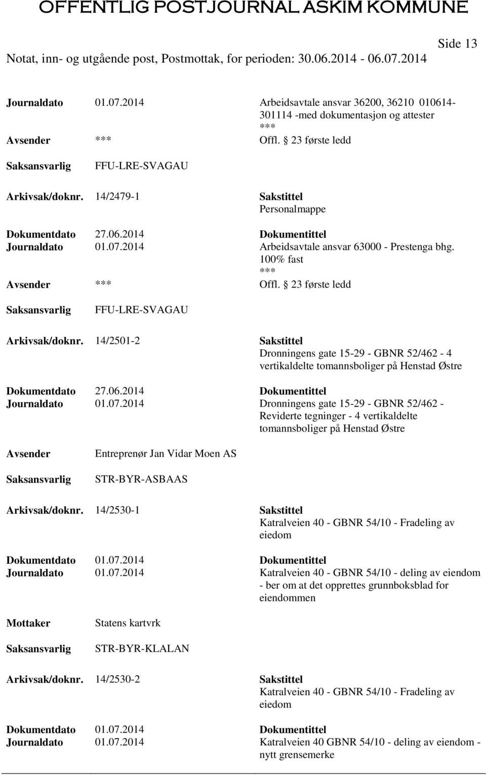 14/2501-2 Sakstittel Dronningens gate 15-29 - GBNR 52/462-4 vertikaldelte tomannsboliger på Henstad Østre Dokumentdato 27.06.2014 Dokumentittel Journaldato 01.07.