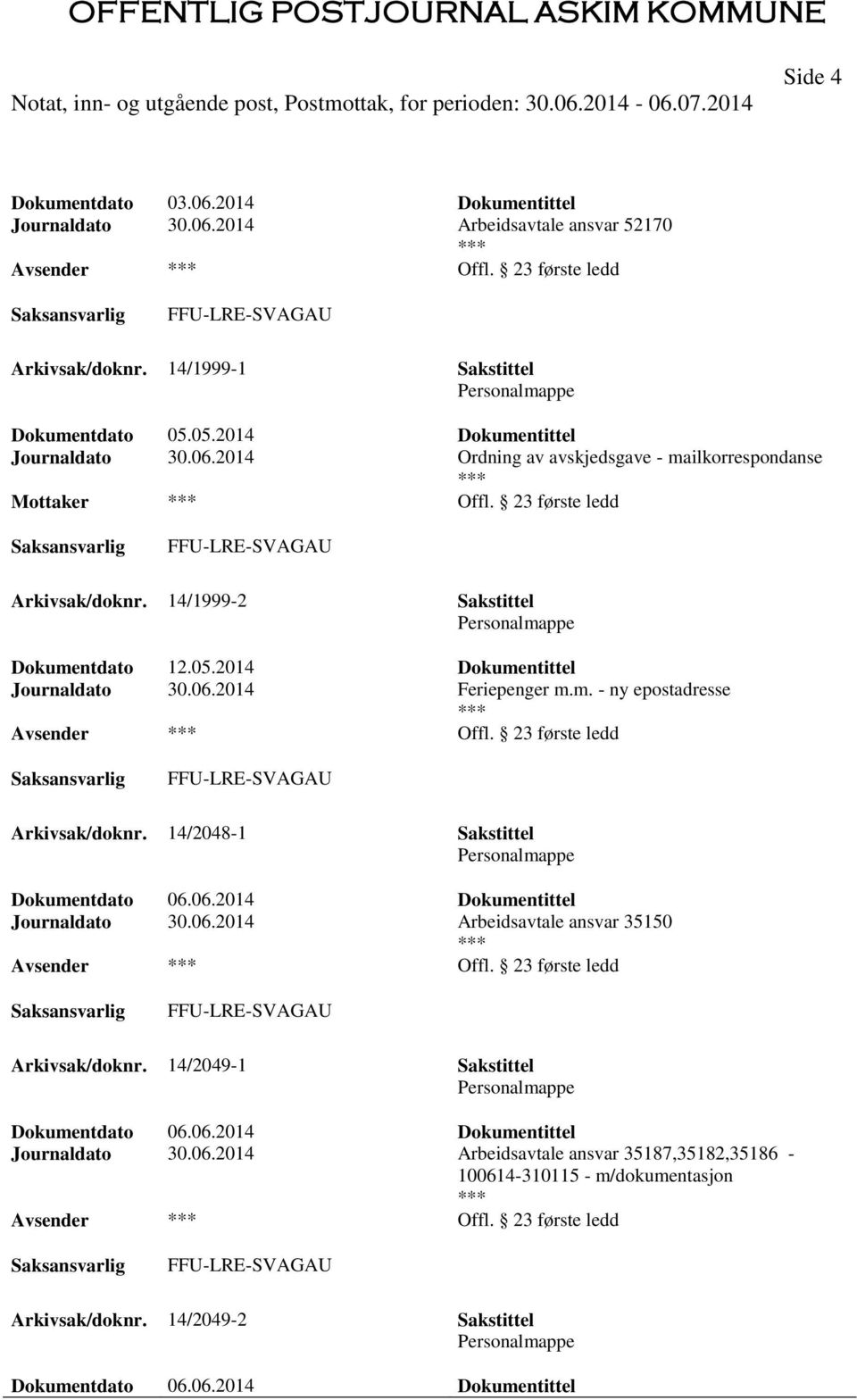 m. - ny epostadresse Offl. 23 første ledd Arkivsak/doknr. 14/2048-1 Sakstittel Dokumentdato 06.06.2014 Dokumentittel Journaldato 30.06.2014 Arbeidsavtale ansvar 35150 Offl.