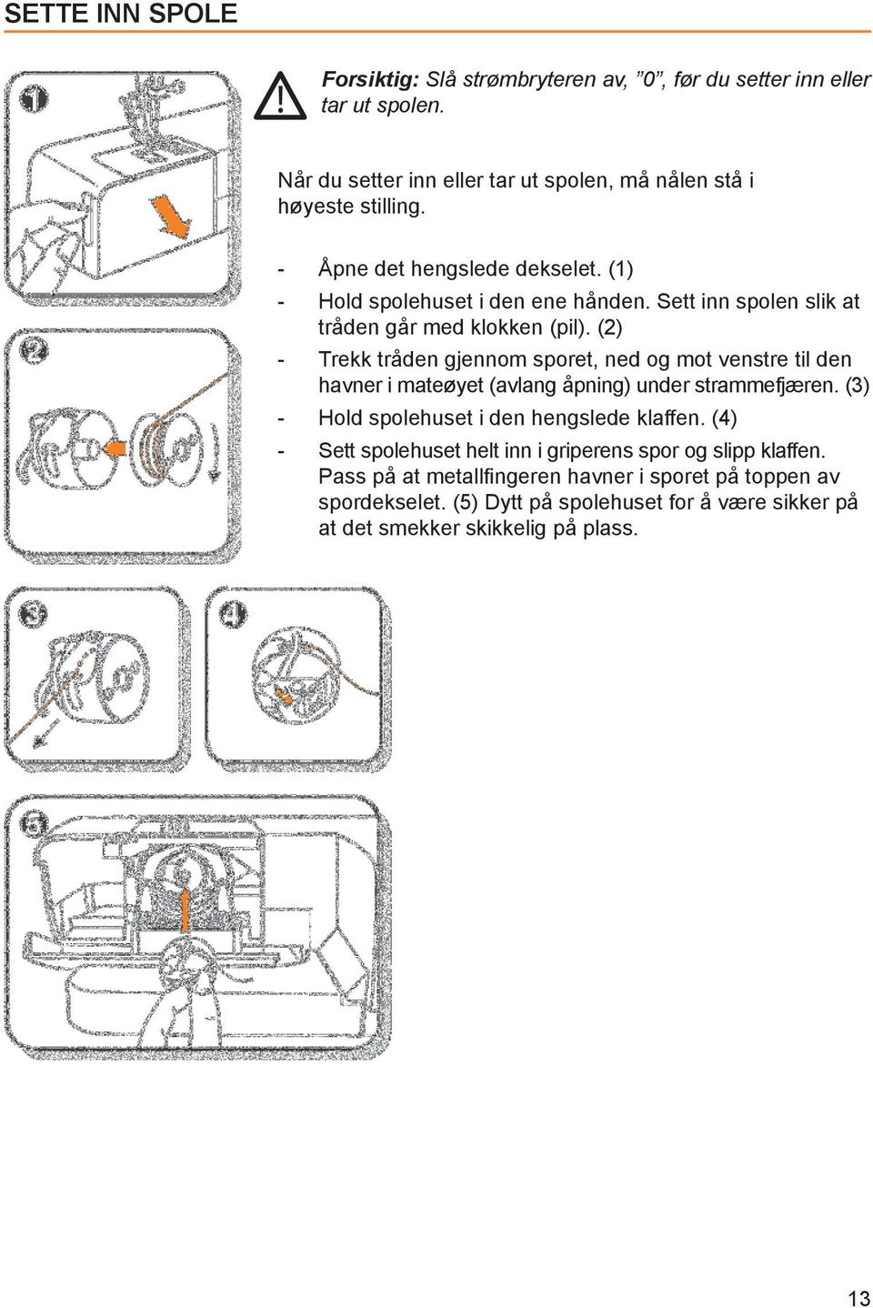 (2) - Trekk tråden gjennom sporet, ned og mot venstre til den havner i mateøyet (avlang åpning) under strammefjæren. (3) - Hold spolehuset i den hengslede klaffen.