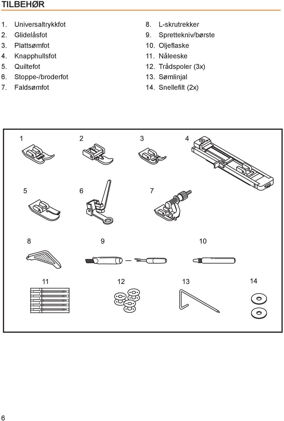 Faldsømfot 8. L-skrutrekker 9. Sprettekniv/børste 10.
