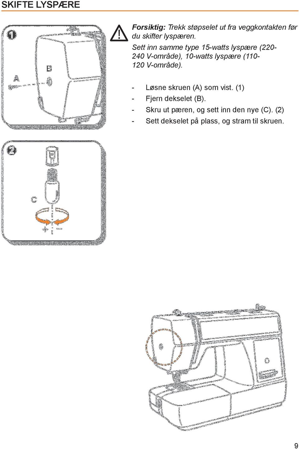 Sett inn samme type 15-watts lyspære (220-240 V-område), 10-watts lyspære (110-120