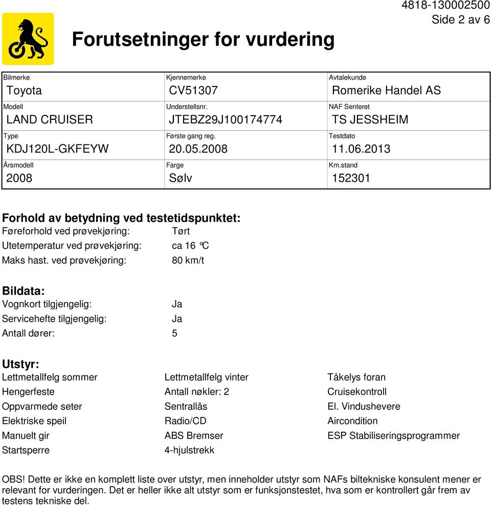 stand 152301 Forhold av betydning ved testetidspunktet: Føreforhold ved prøvekjøring: Tørt Utetemperatur ved prøvekjøring: ca 16 C Maks hast.