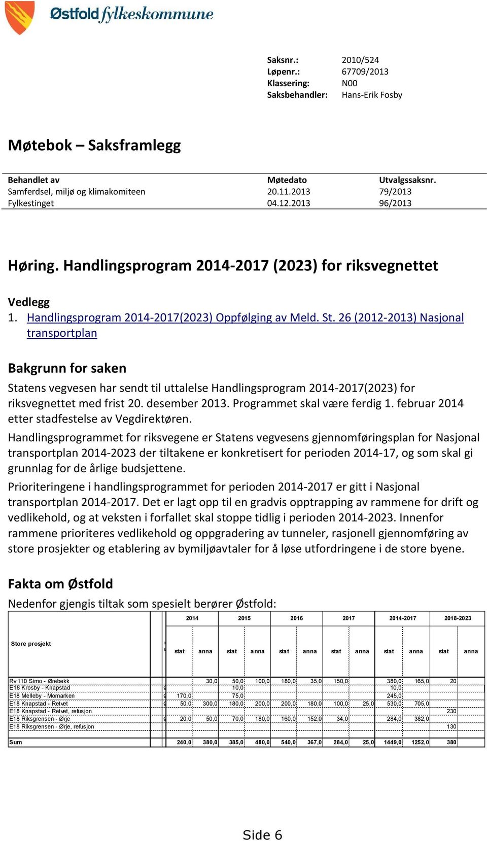 26 (2012-2013) Nasjonal transportplan Bakgrunn for saken Statens vegvesen har sendt til uttalelse Handlingsprogram 2014-2017(2023) for riksvegnettet med frist 20. desember 2013.