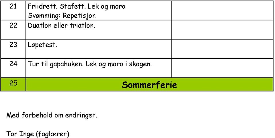 triatlon. 23 Løpetest. 24 Tur til gapahuken.