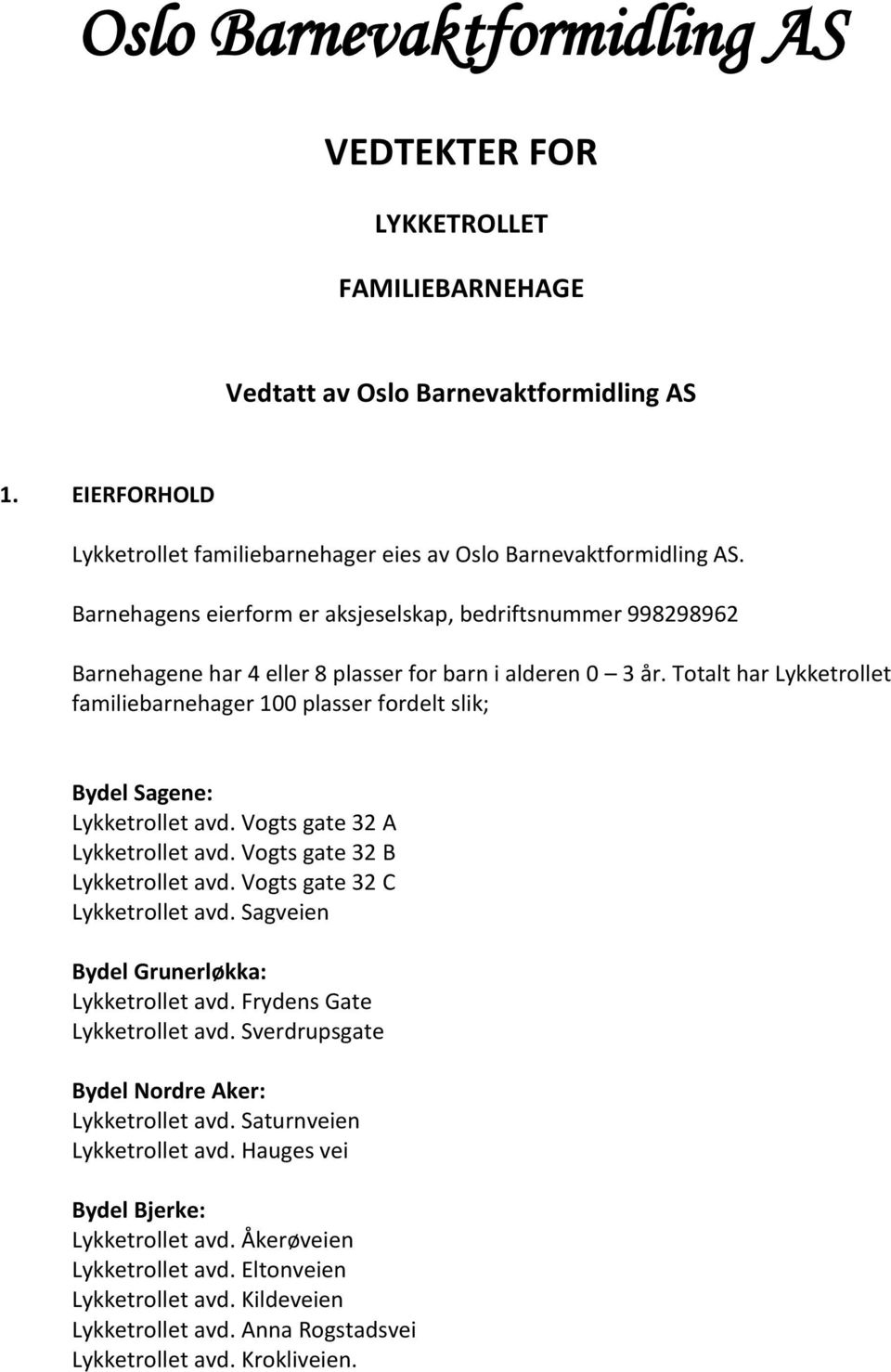 Totalt har Lykketrollet familiebarnehager 100 plasser fordelt slik; Bydel Sagene: Lykketrollet avd. Vogts gate 32 A Lykketrollet avd. Vogts gate 32 B Lykketrollet avd.