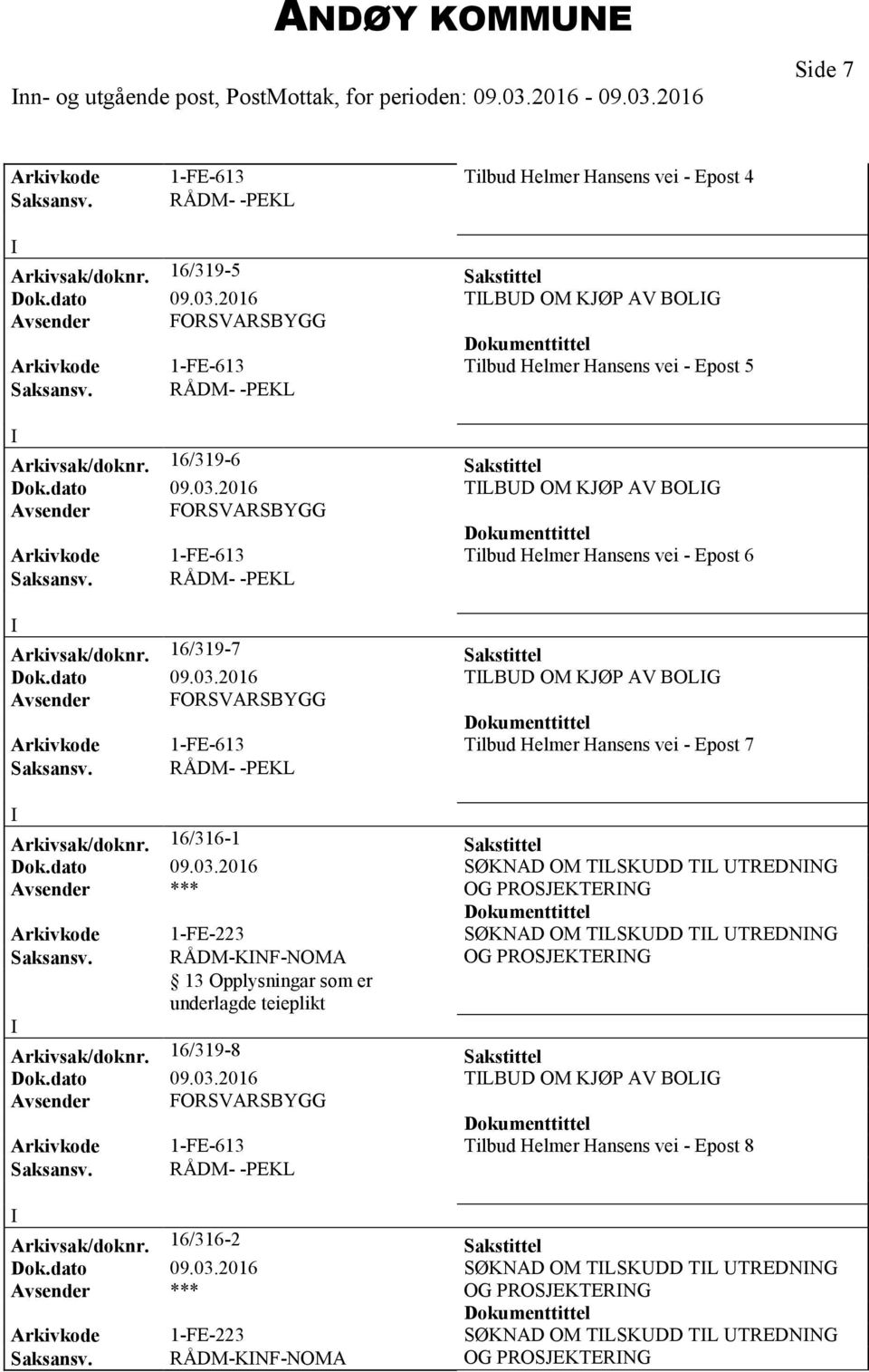 16/316-1 Sakstittel Dok.dato 09.03.2016 SØKNAD OM TLSKDD TL TREDNNG OG PROSJEKTERNG Arkivkode 1-FE-223 SØKNAD OM TLSKDD TL TREDNNG Saksansv. RÅDM-KNF-NOMA OG PROSJEKTERNG Arkivsak/doknr.