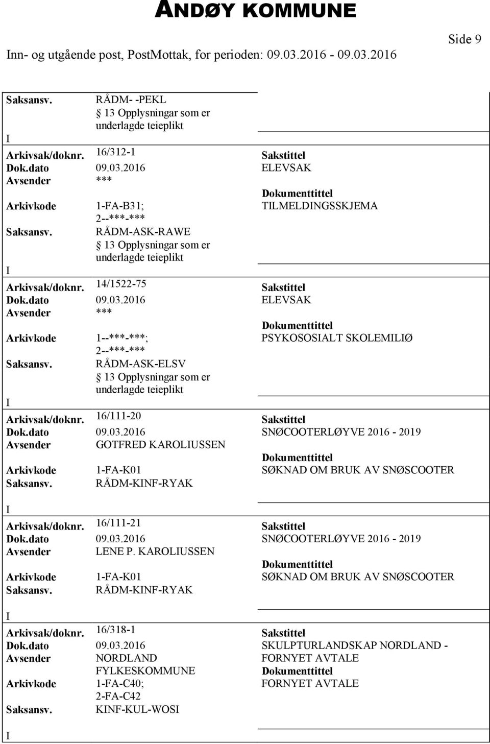 2016 SNØCOOTERLØYVE 2016-2019 Avsender GOTFRED KAROLSSEN Arkivkode 1-FA-K01 SØKNAD OM BRK AV SNØSCOOTER Saksansv. RÅDM-KNF-RYAK Arkivsak/doknr. 16/111-21 Sakstittel Dok.dato 09.03.