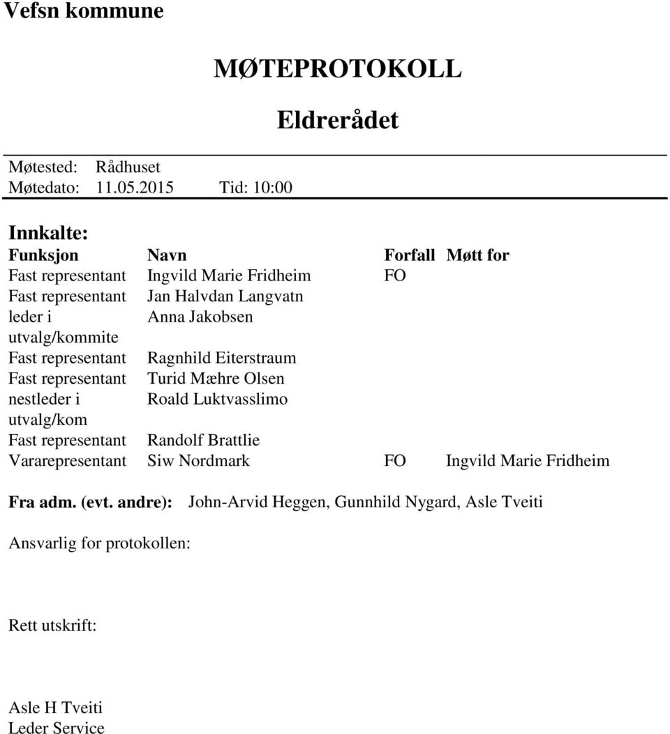 Halvdan Langvatn leder i Anna Jakobsen utvalg/kommite Fast representant Ragnhild Eiterstraum Fast representant Turid Mæhre Olsen nestleder i Roald