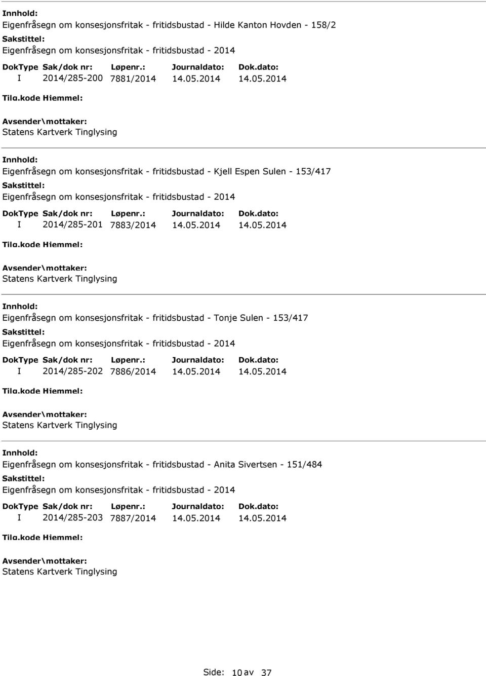 nnhold: Eigenfråsegn om konsesjonsfritak - fritidsbustad - Tonje Sulen - 153/417 2014/285-202 7886/2014 nnhold: