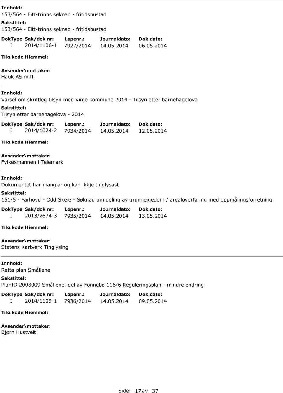 2014 Fylkesmannen i Telemark nnhold: Dokumentet har manglar og kan ikkje tinglysast 151/5 - Farhovd - Odd Skeie - Søknad om deling av grunneigedom / arealoverføring med