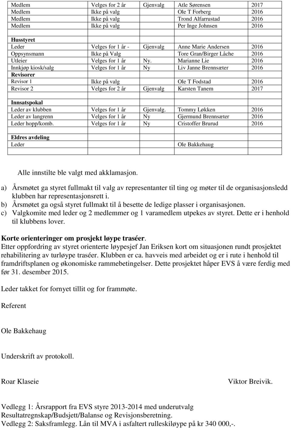 Marianne Lie 2016 Innkjøp kiosk/salg Velges for 1 år Ny Liv Janne Brennsæter 2016 Revisorer Revisor 1 Ikke på valg Ole T Fodstad 2016 Revisor 2 Velges for 2 år Gjenvalg Karsten Tanem 2017