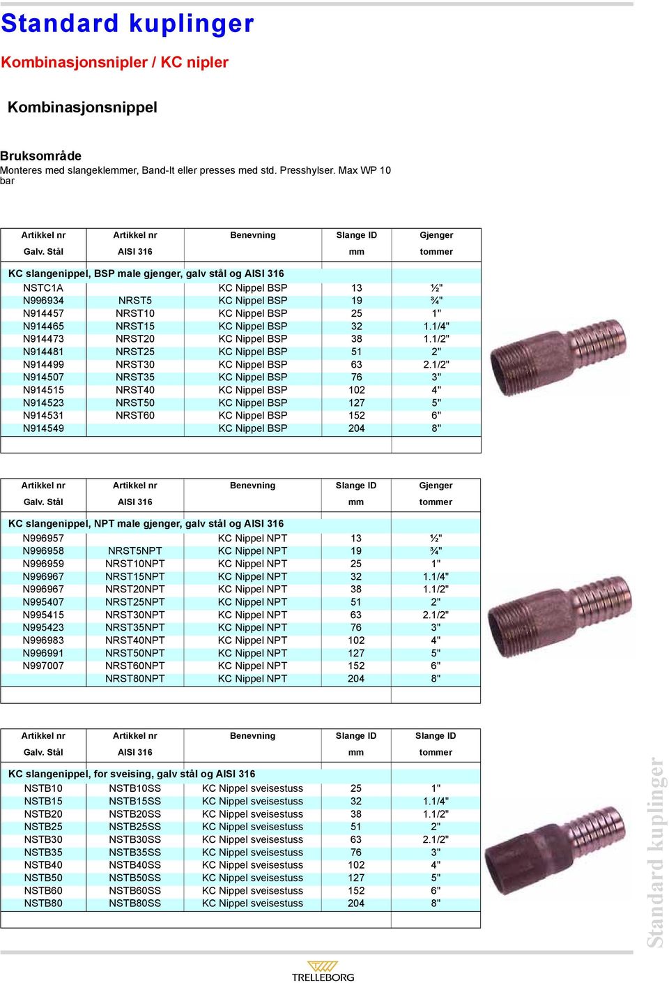 Stål AISI 316 toer KC slangenippel, BSP male gjenger, galv stål og AISI 316 NSTC1A KC Nippel BSP 13 ½" N996934 NRST5 KC Nippel BSP 19 ¾" N914457 NRST10 KC Nippel BSP 25 1" N914465 NRST15 KC Nippel