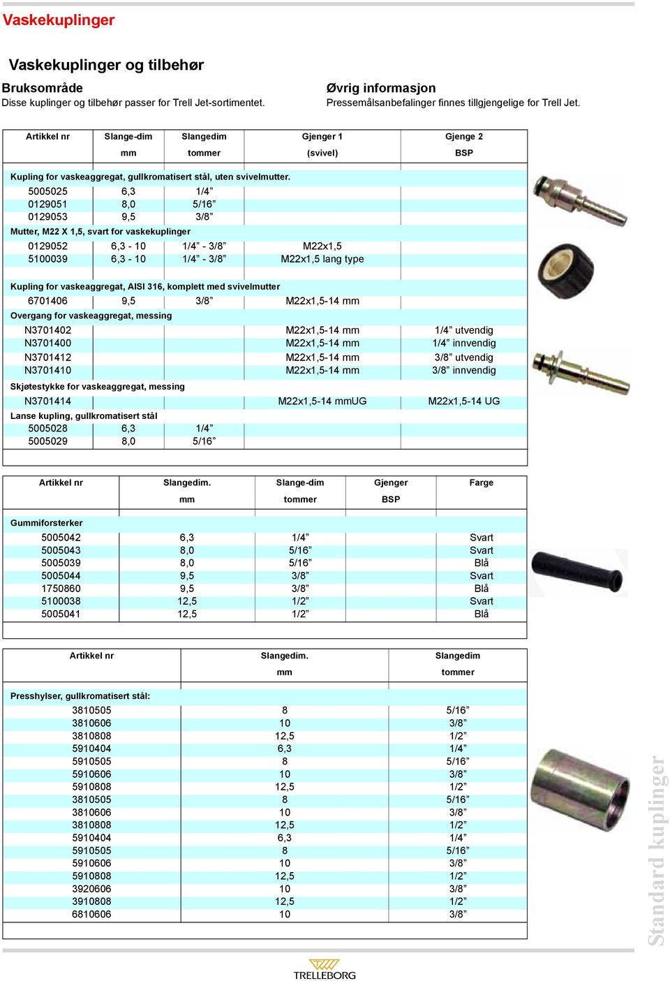 5005025 6,3 1/4 0129051 8,0 5/16 0129053 9,5 3/8 Mutter, M22 X 1,5, svart for vaskekuplinger 0129052 6,3-10 1/4-3/8 M22x1,5 5100039 6,3-10 1/4-3/8 M22x1,5 lang type Kupling for vaskeaggregat, AISI