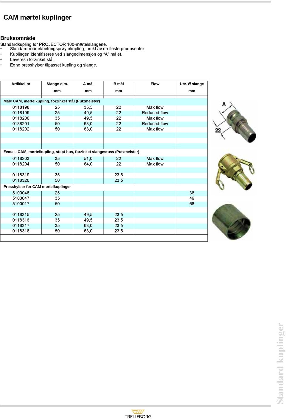 Ø slange Male CAM, mørtelkupling, forzinket stål (Putzmeister) 0118198 25 35,5 22 Max flow 0118199 25 49,5 22 Reduced flow 0118200 35 49,5 22 Max flow 0188201 50 63,0 22 Reduced flow 0118202 50 63,0