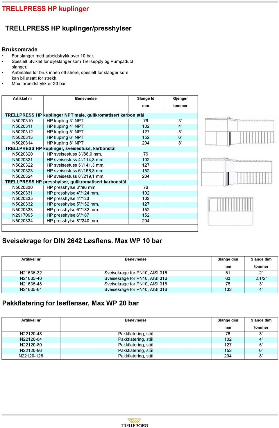 Artikkel nr Benevnelse Slange Id Gjenger toer TRELLPRESS HP kuplinger NPT male, gullkromatisert karbon stål N5020310 HP kupling 3 NPT 76 3 N5020311 HP kupling 4 NPT 102 4 N5020312 HP kupling 5 NPT