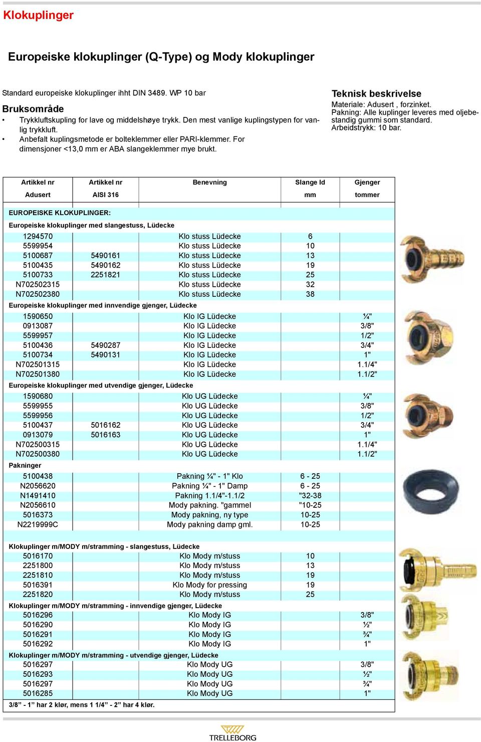 Teknisk beskrivelse Materiale: Adusert, forzinket. Pakning: Alle kuplinger leveres med oljebestandig gui som standard. Arbeidstrykk: 10 bar.