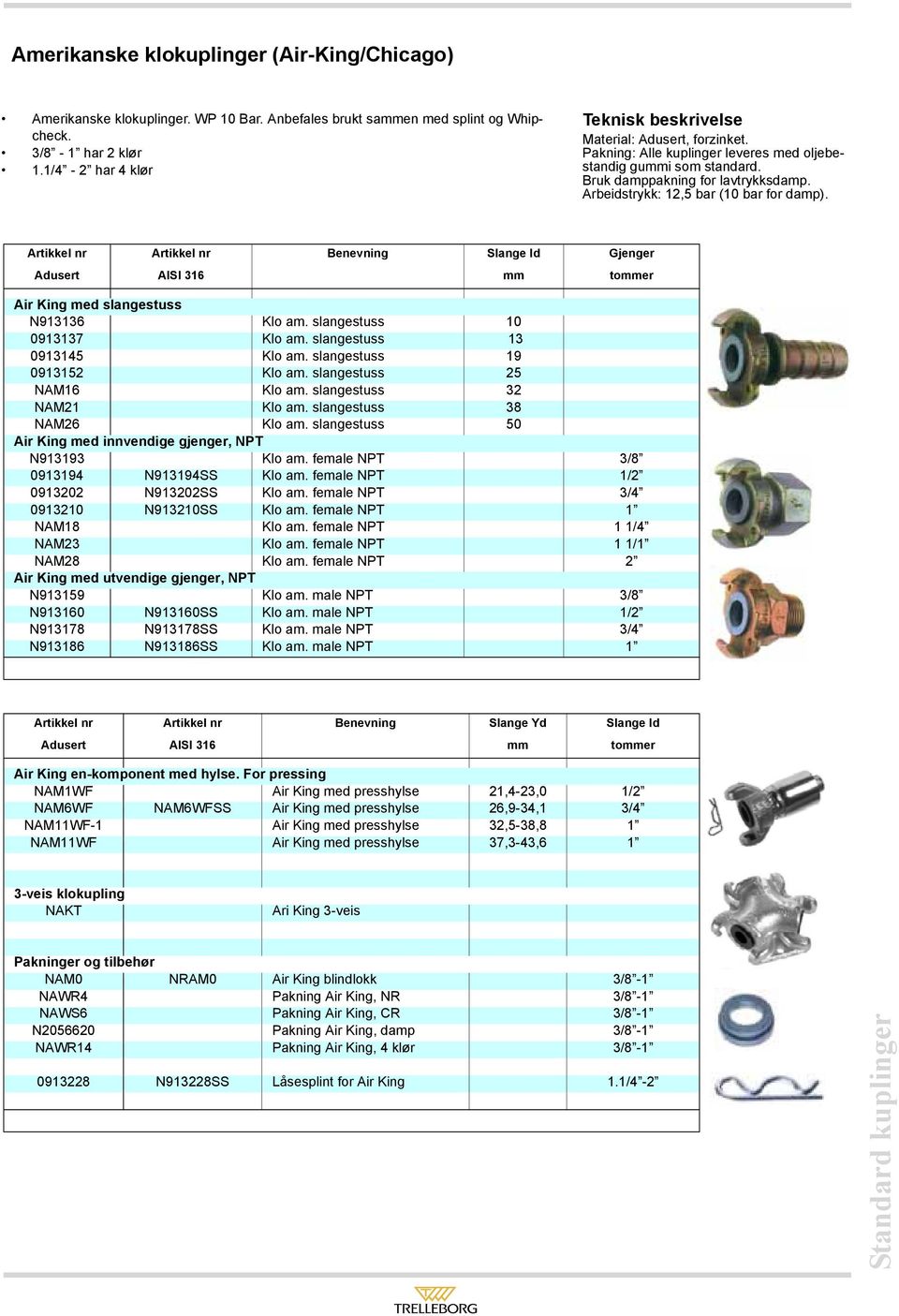 Arbeidstrykk: 12,5 bar (10 bar for damp). Slanger Artikkel nr Artikkel nr Benevning Slange Id Gjenger Adusert AISI 316 toer Air King med slangestuss N913136 Klo am. slangestuss 10 0913137 Klo am.