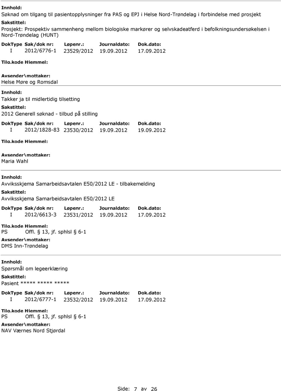 2012 Helse Møre og Romsdal Takker ja til midlertidig tilsetting 2012 Generell søknad - tilbud på stilling 2012/1828-83 23530/2012 Maria Wahl Avviksskjema