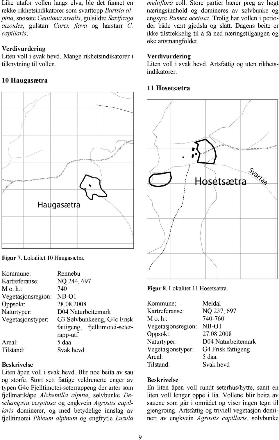 Store partier bærer preg av høgt næringsinnhold og domineres av sølvbunke og engsyre Rumex acetosa. Trolig har vollen i perioder både vært gjødsla og slått.