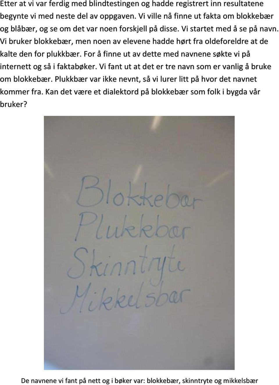 Vi bruker blokkebær, men noen av elevene hadde hørt fra oldeforeldre at de kalte den for plukkbær. For å finne ut av dette med navnene søkte vi på internett og så i faktabøker.