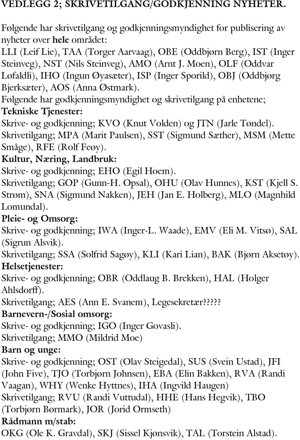 AMO (Arnt J. Moen), OLF (Oddvar Løfaldli), IHO (Ingun Øyasæter), ISP (Inger Sporild), OBJ (Oddbjørg Bjerksæter), AOS (Anna Østmark).