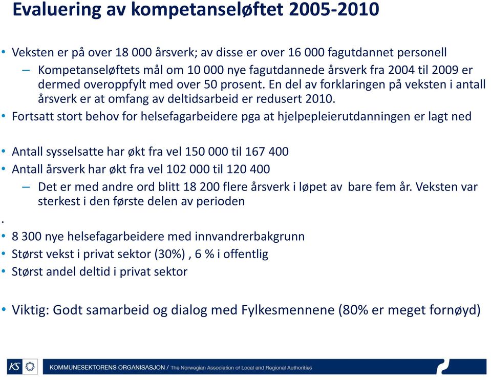 Fortsatt stort behov for helsefagarbeidere pga at hjelpepleierutdanningen er lagt ned Antall sysselsatte har økt fra vel 150 000 til 167 400 Antall årsverk har økt fra vel 102 000 til 120 400 Det er