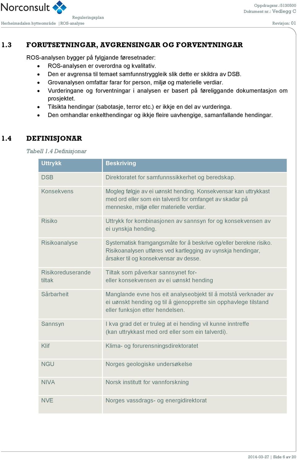 Vurderingane og forventningar i analysen er basert på føreliggande dokumentasjon om prosjektet. Tilsikta hendingar (sabotasje, terror etc.) er ikkje en del av vurderinga.