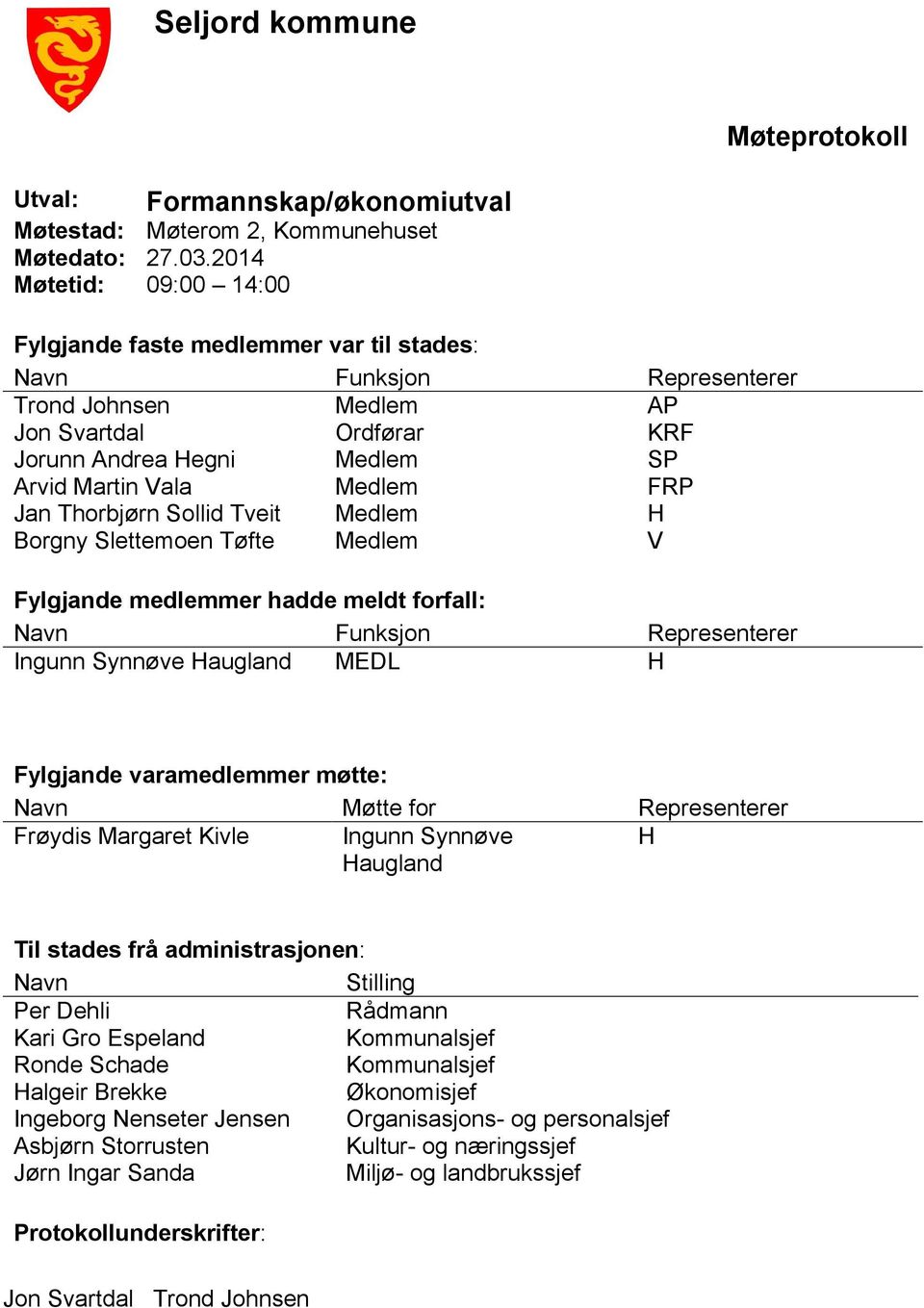 Medlem FRP Jan Thorbjørn Sollid Tveit Medlem H Borgny Slettemoen Tøfte Medlem V Fylgjande medlemmer hadde meldt forfall: Navn Funksjon Representerer Ingunn Synnøve Haugland MEDL H Fylgjande