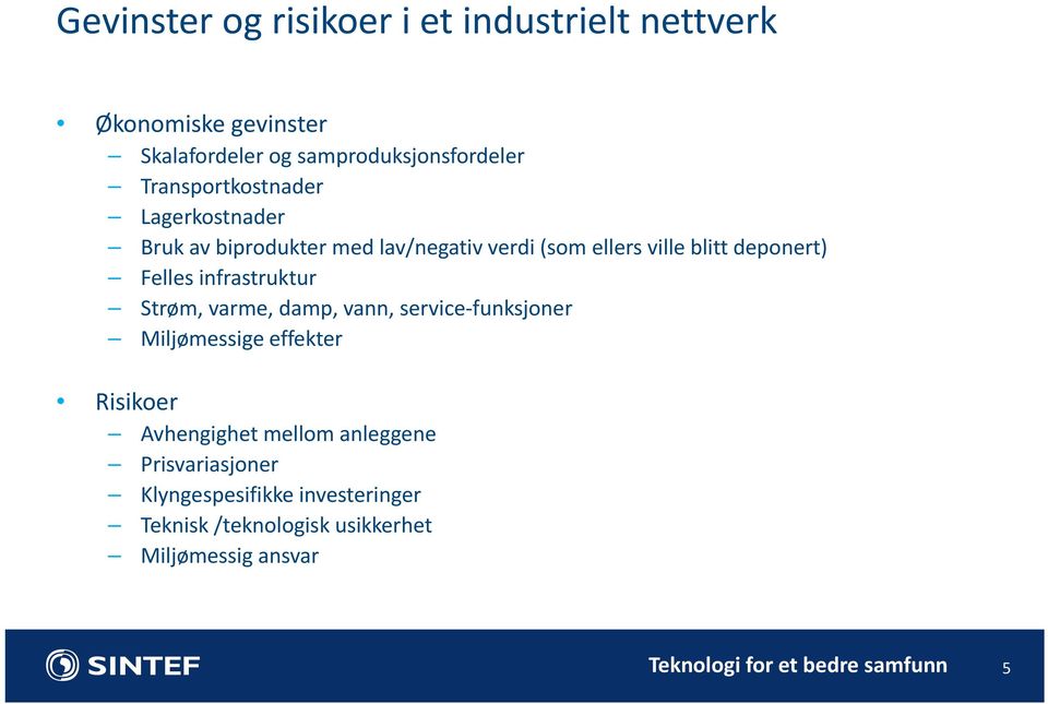 Felles infrastruktur Strøm, varme, damp, vann, service funksjoner Miljømessige effekter Risikoer Avhengighet