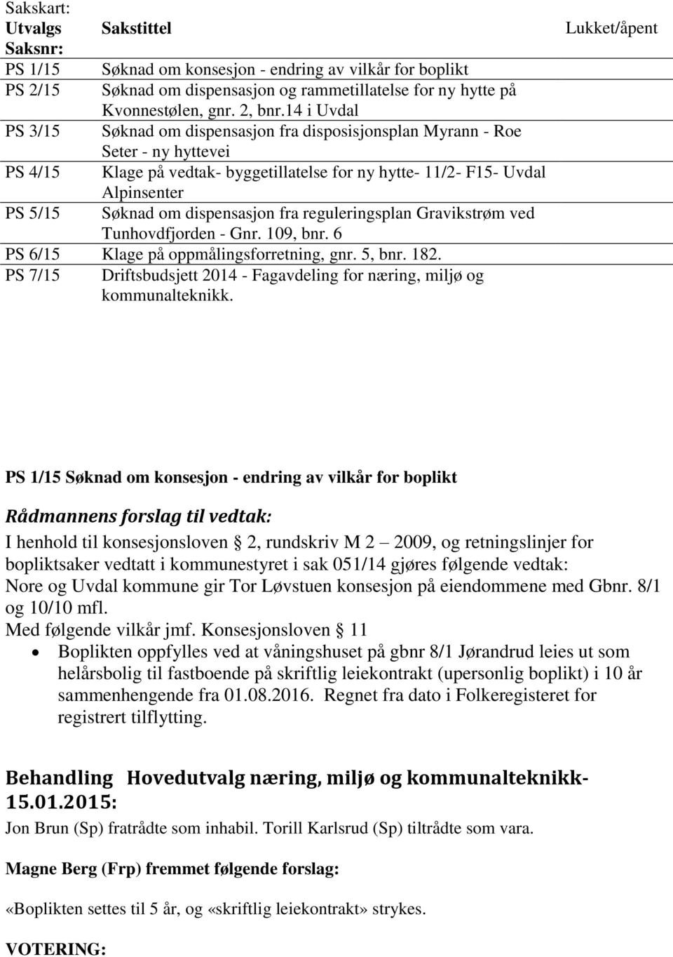 dispensasjon fra reguleringsplan Gravikstrøm ved Tunhovdfjorden - Gnr. 109, bnr. 6 PS 6/15 Klage på oppmålingsforretning, gnr. 5, bnr. 182.