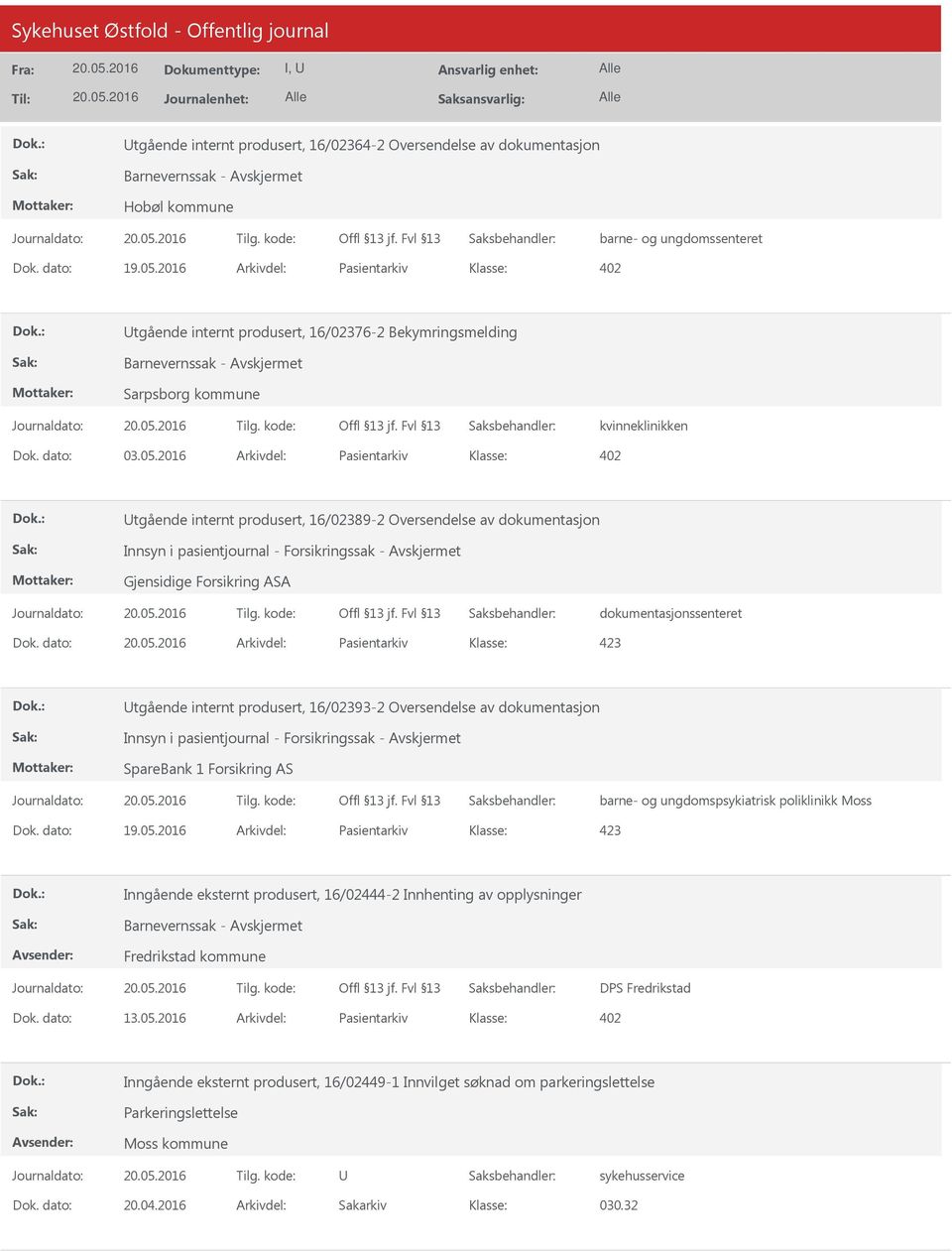 2016 Arkivdel: Pasientarkiv tgående internt produsert, 16/02389-2 Oversendelse av dokumentasjon Innsyn i pasientjournal - Forsikringssak - Avskjermet Gjensidige Forsikring ASA dokumentasjonssenteret