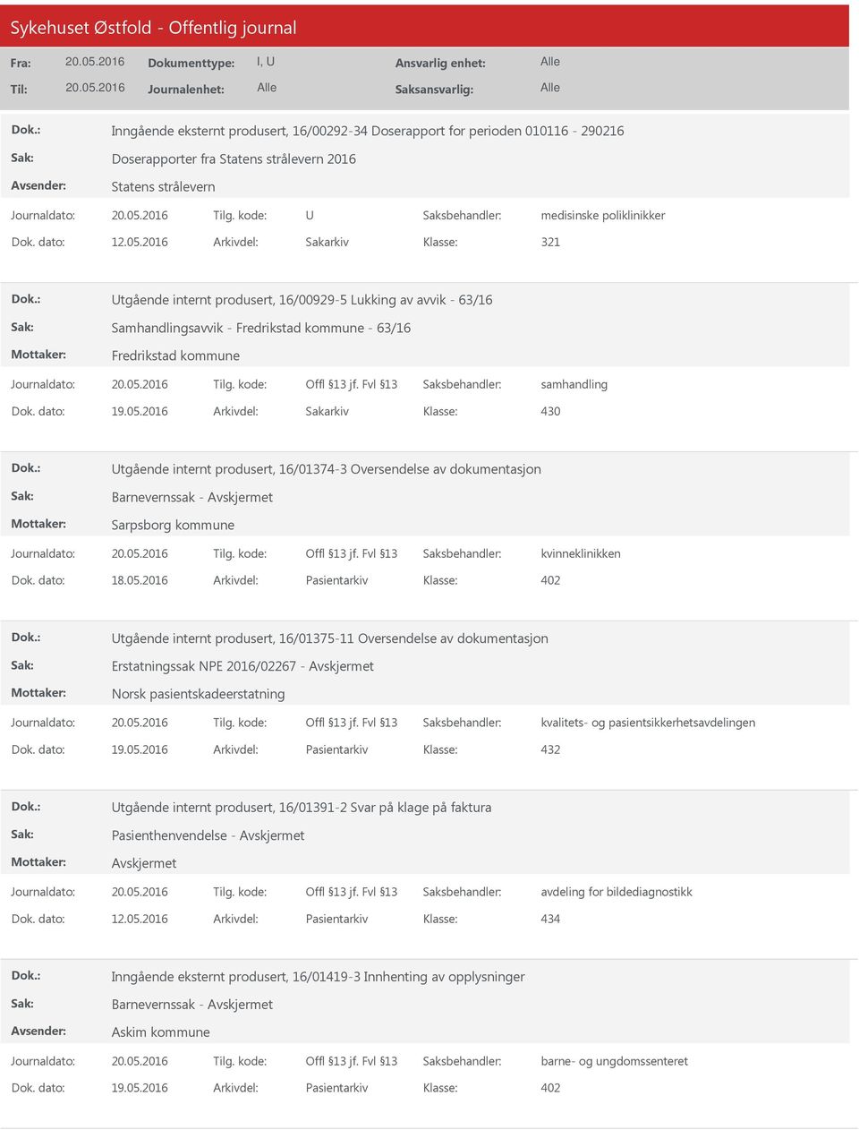 2016 Arkivdel: Sakarkiv 430 tgående internt produsert, 16/01374-3 Oversendelse av dokumentasjon Sarpsborg kommune kvinneklinikken Dok. dato: 18.05.