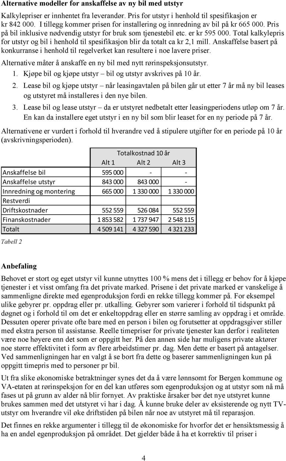 Total kalkylepris for utstyr og bil i henhold til spesifikasjon blir da totalt ca kr 2,1 mill. Anskaffelse basert på konkurranse i henhold til regelverket kan resultere i noe lavere priser.