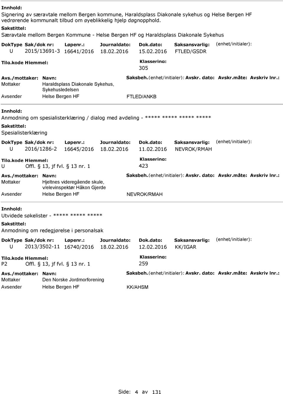 2016 FTLED/GSDR 305 Mottaker Haraldsplass Diakonale Sykehus, Sykehusledelsen FTLED/ANKB Anmodning om spesialisterklæring / dialog med avdeling - ***** ***** ***** *****