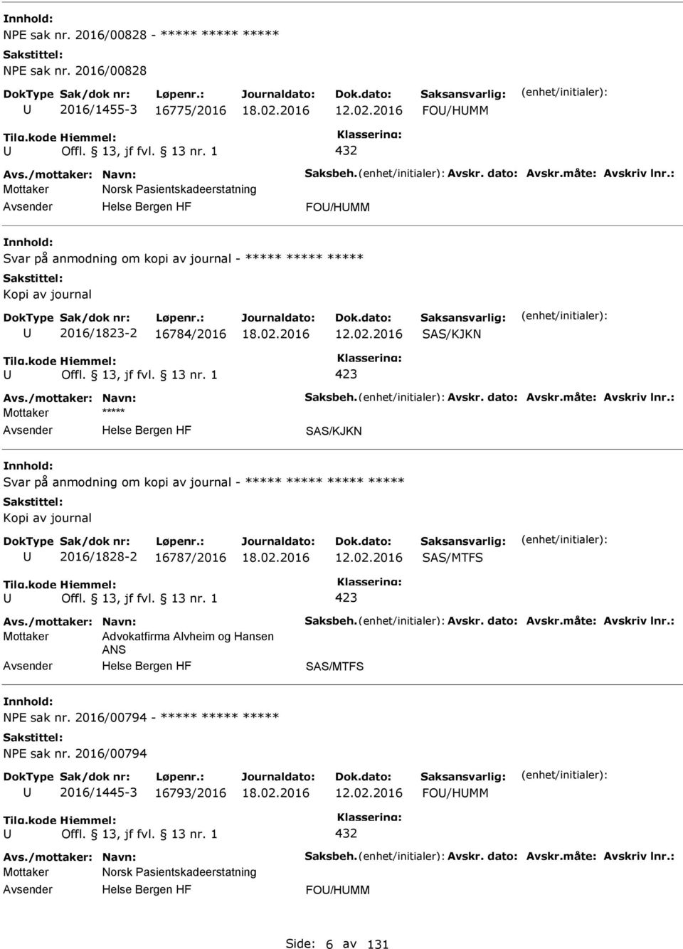 12.02.2016 SAS/KJKN 423 SAS/KJKN Svar på anmodning om kopi av journal - ***** ***** ***** ***** Kopi av journal 2016/1828-2 16787/2016 12.02.2016 SAS/MTFS 423 Mottaker Advokatfirma Alvheim og Hansen ANS SAS/MTFS NE sak nr.