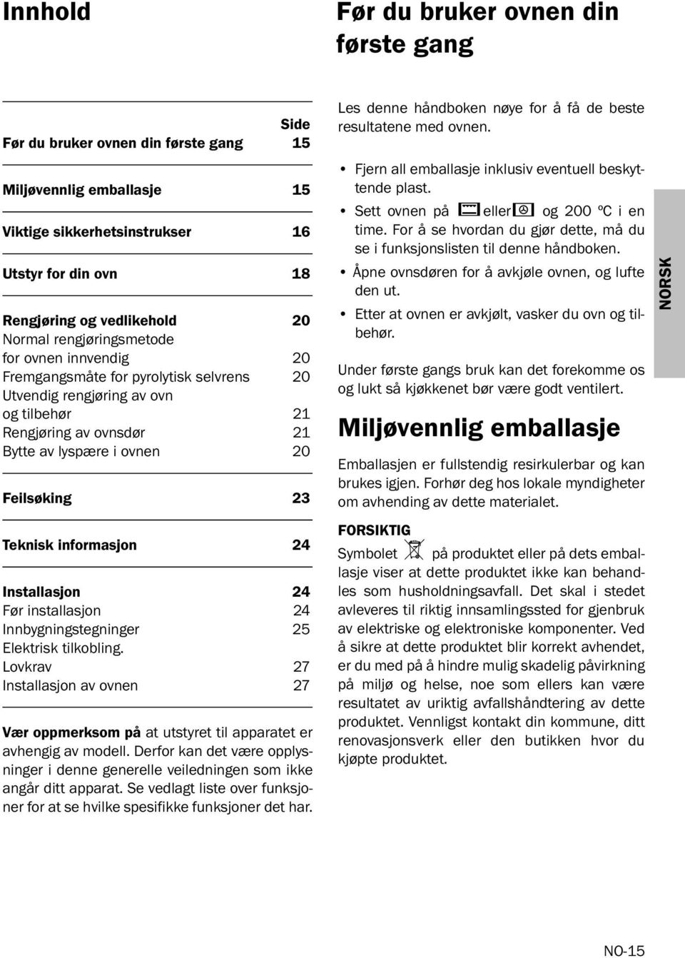 Teknisk informasjon 24 Installasjon 24 Før installasjon 24 Innbygningstegninger 25 Elektrisk tilkobling.