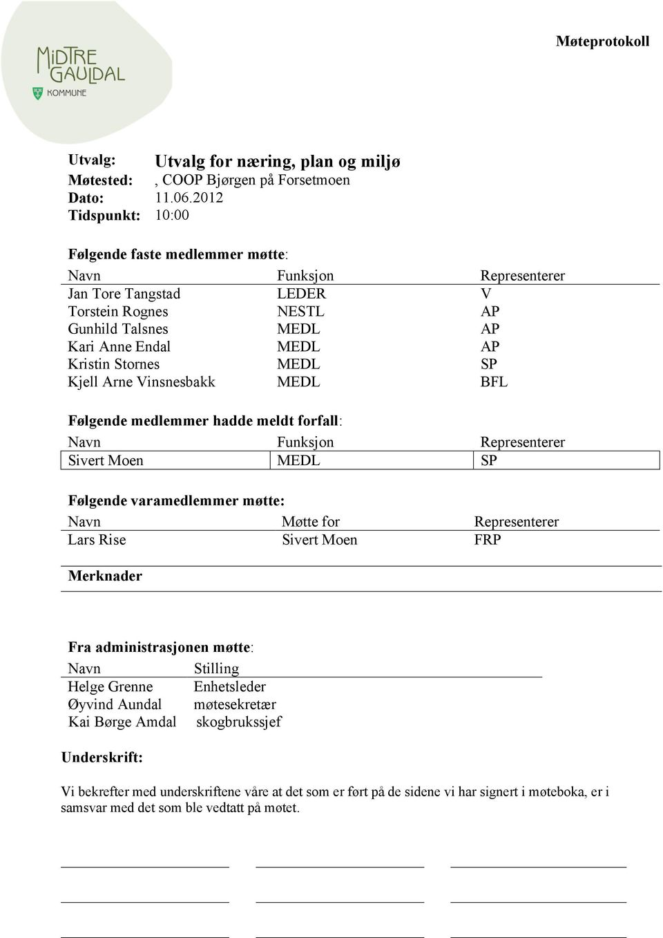 MEDL SP Kjell Arne Vinsnesbakk MEDL BFL Følgende medlemmer hadde meldt forfall: Navn Funksjon Representerer Sivert Moen MEDL SP Følgende varamedlemmer møtte: Navn Møtte for Representerer Lars Rise