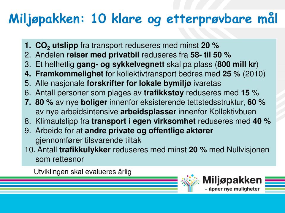 Antall personer som plages av trafikkstøy reduseres med 15 % 7. 80 % av nye boliger innenfor eksisterende tettstedsstruktur, 60 % av nye arbeidsintensive arbeidsplasser innenfor Kollektivbuen 8.