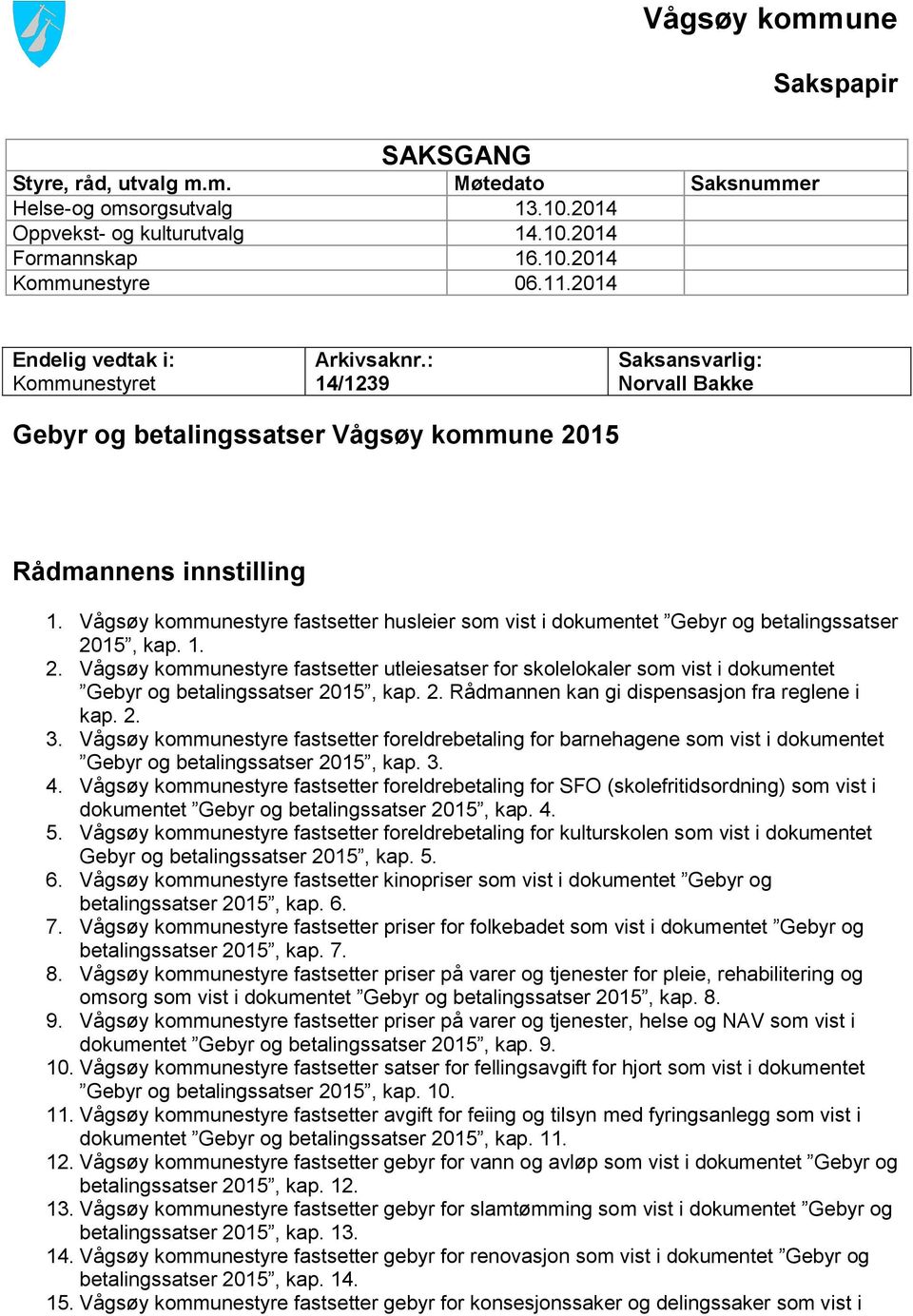 Vågsøy kommunestyre fastsetter husleier som vist i dokumentet Gebyr og betalingssatser 20