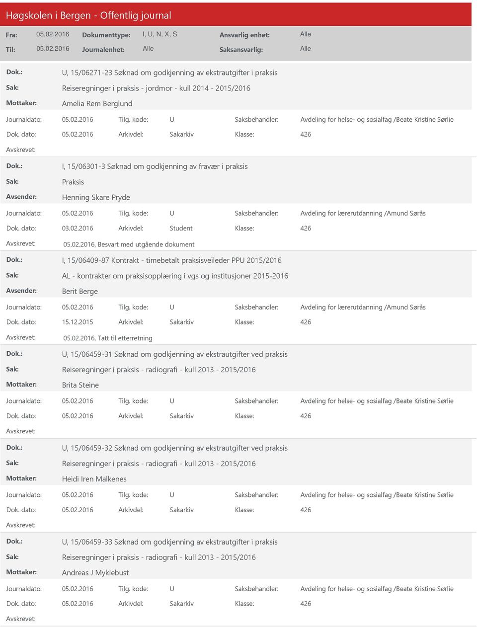 2016 Arkivdel: Student, Besvart med utgående dokument I, 15/06409-87 Kontrakt - timebetalt praksisveileder PP 2015/2016 AL - kontrakter om praksisopplæring i vgs og institusjoner 2015-2016 Berit