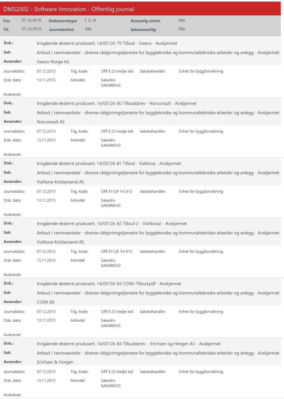 eksternt produsert, 14/00126-81 Tilbud - ViaNova - Anbud / rammeavtaler - diverse rådgivningstjeneste for byggtekniske og kommunaltekniske arbeider og anlegg - ViaNova Kristiansand AS Inngående