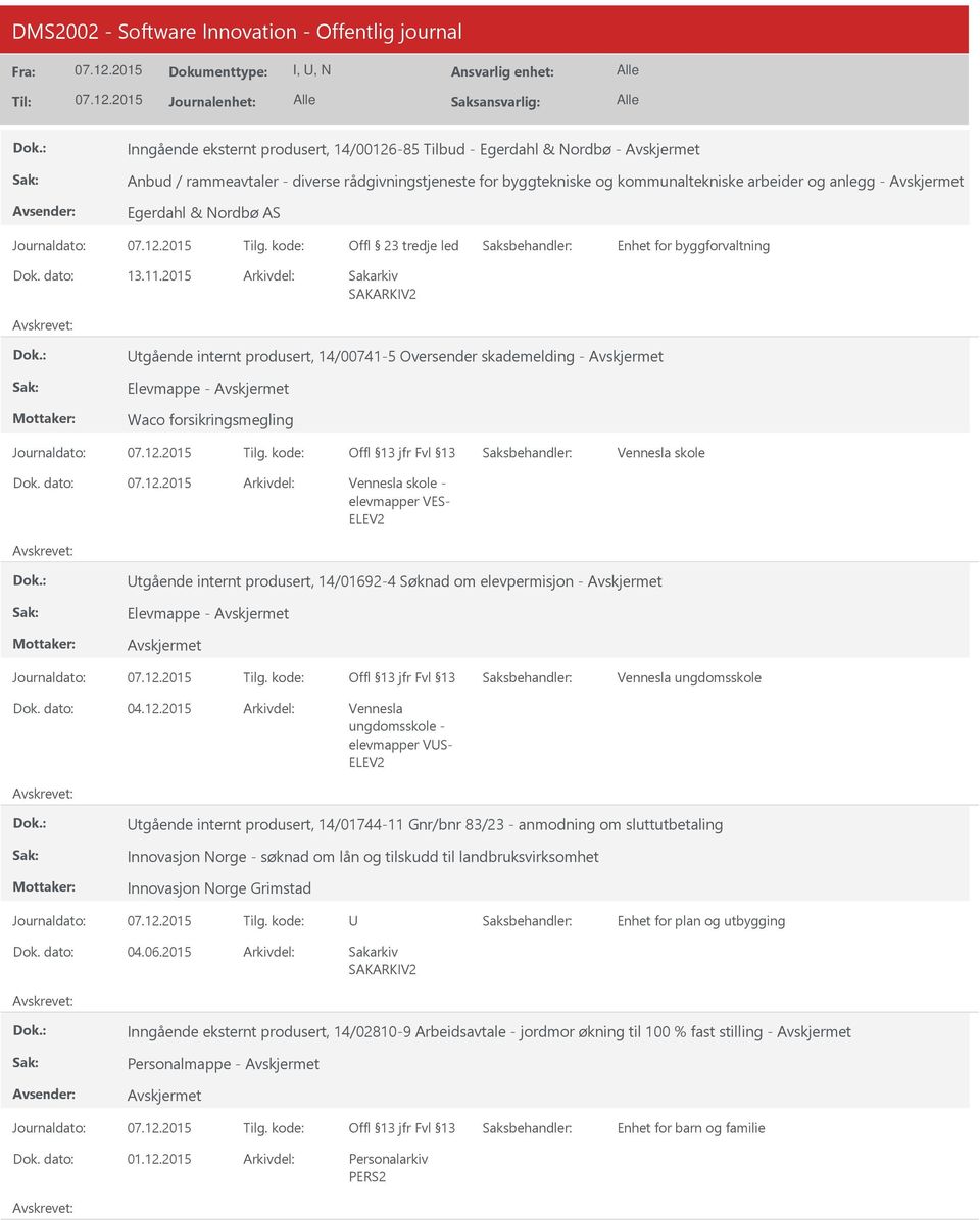 elevpermisjon - Elevmappe - Vennesla ungdomsskole Vennesla ungdomsskole - elevmapper VS- tgående internt produsert, 14/01744-11 Gnr/bnr 83/23 - anmodning om sluttutbetaling Innovasjon Norge - søknad