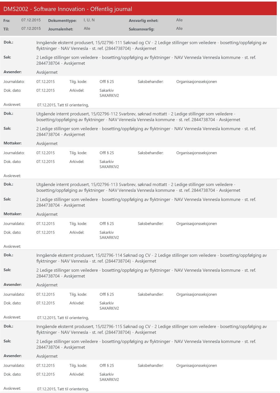 2844738704 -, Tatt til orientering, tgående internt produsert, 15/02796-112 Svarbrev, søknad mottatt - 2 Ledige stillinger som veiledere - bosetting/oppfølging av flyktninger - NAV Vennesla Vennesla