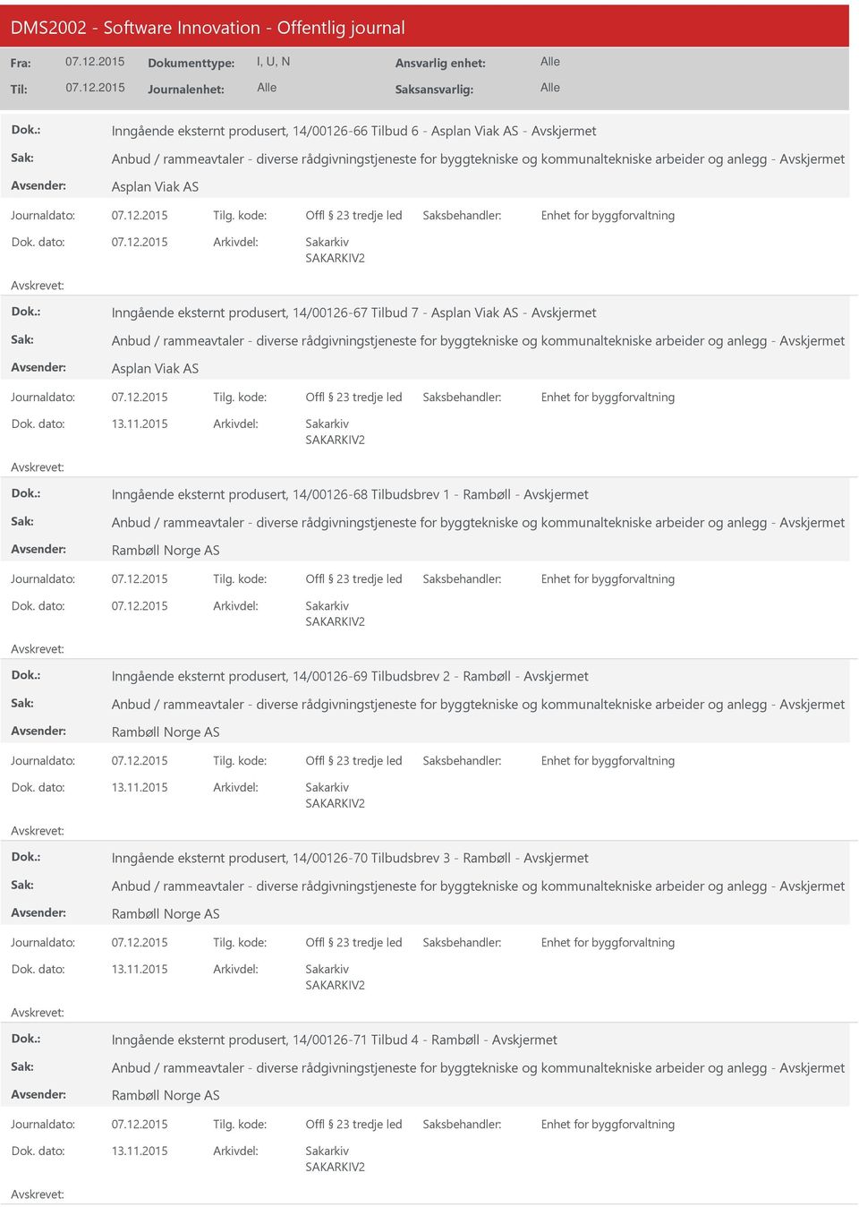 Inngående eksternt produsert, 14/00126-68 Tilbudsbrev 1 - Rambøll - Anbud / rammeavtaler - diverse rådgivningstjeneste for byggtekniske og kommunaltekniske arbeider og anlegg - Rambøll Norge AS