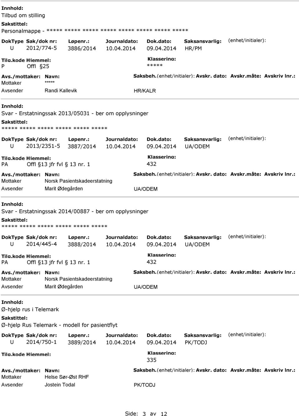 2014/445-4 3888/2014 A/ODEM 432 Mottaker Norsk asientskadeerstatning Marit Ødegården A/ODEM Ø-hjelp rus i Telemark Ø-hjelp