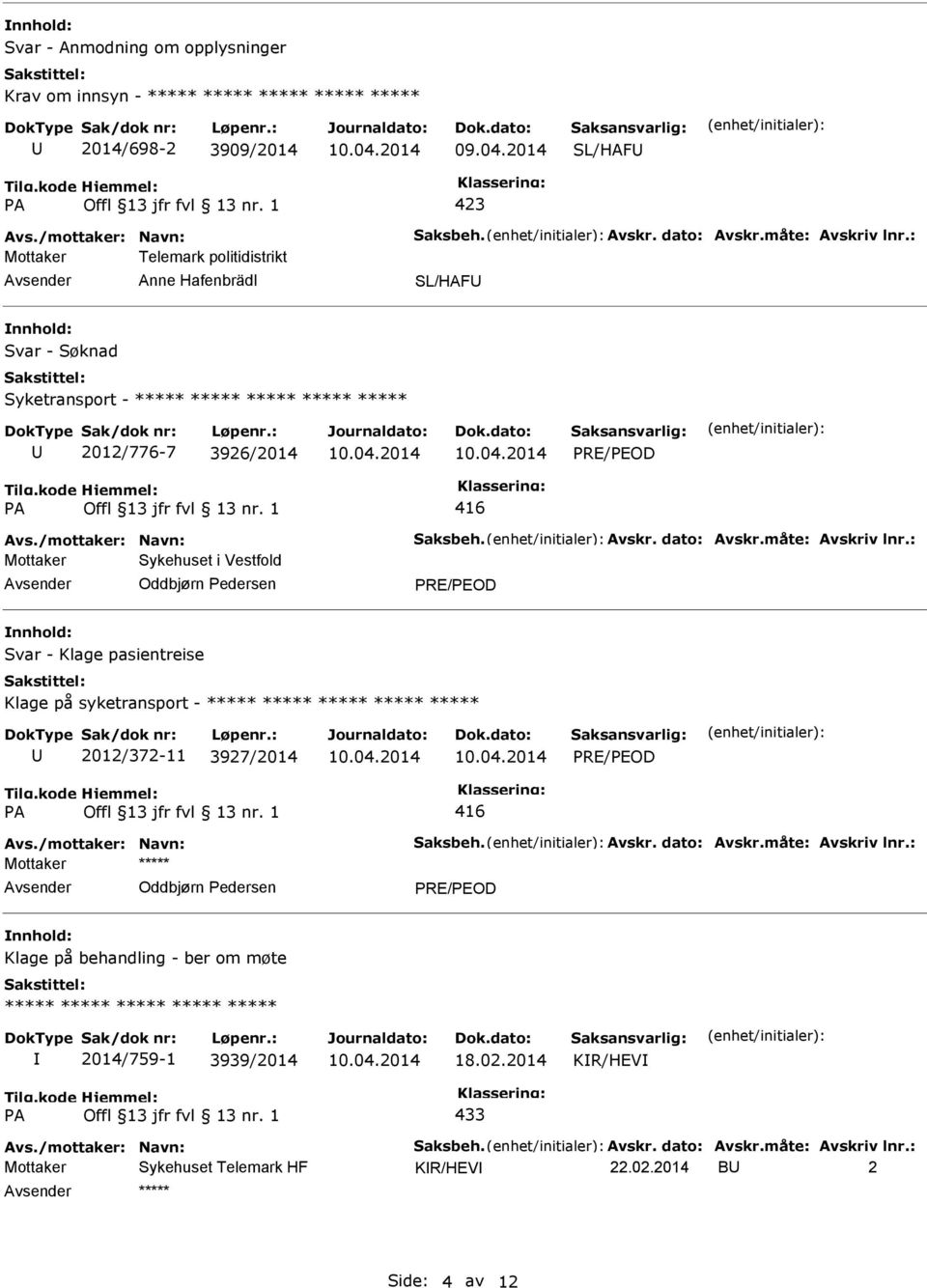 Oddbjørn edersen RE/EOD Svar - Klage pasientreise Klage på syketransport - 2012/372-11 3927/2014 RE/EOD 416 Oddbjørn