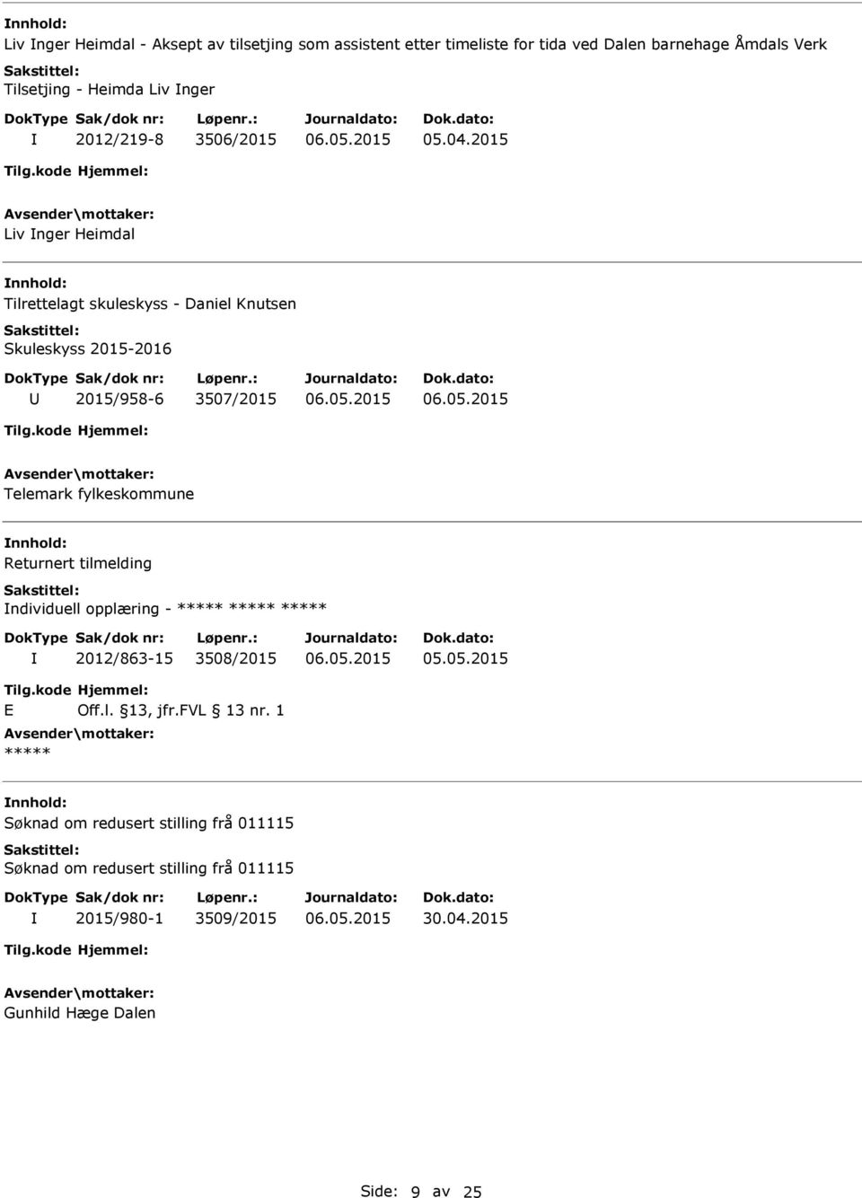 2015 Liv nger Heimdal nnhold: Tilrettelagt skuleskyss - Daniel Knutsen Skuleskyss 2015-2016 2015/958-6 3507/2015 Telemark fylkeskommune nnhold: